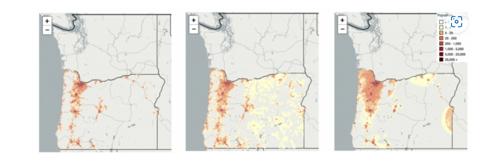 maps showing projections of the spatial distribution of population for the state of Oregon in 2050