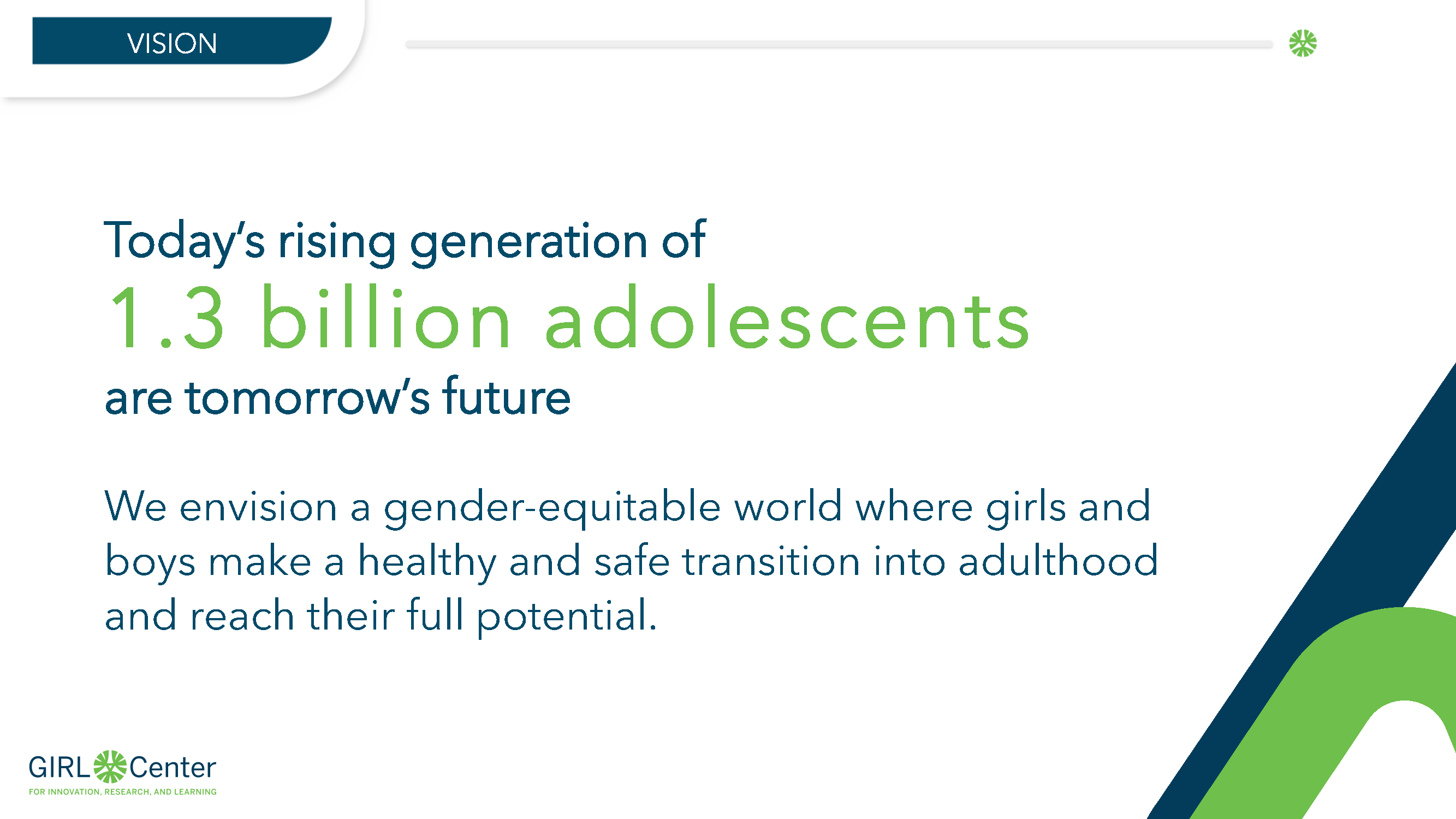Today's rising generation of 1.3 billion adolescents are tomorrow's future. We envision a gender-equitable world where girls and boys make a healthy and safe transition into adulthood and reach their full potential. Ideas. Evidence. Impact.