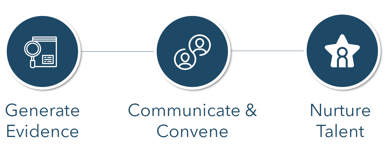 GIRL Center what we do – Population Council Three, blue circle graphics with white icons in the middle. The labels are: generate evidence, communicate and convene, and nurture talent.