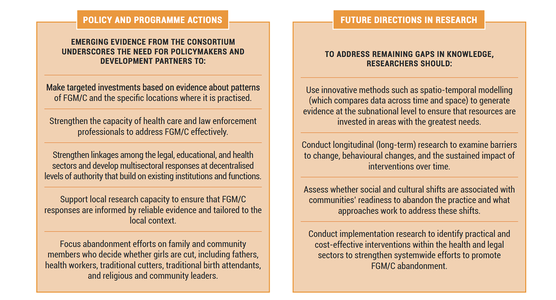 screenshot of policy and program actions and future directions in research for Evidence to end FGMC Ideas. Evidence. Impact.