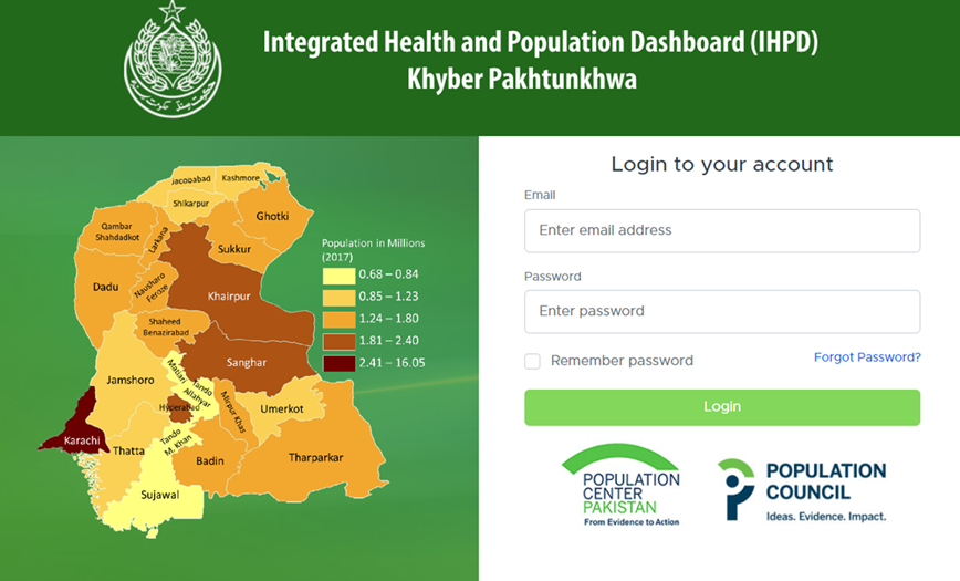 screenshot of the Integrated Health and Population Dashboard Ideas. Evidence. Impact.
