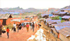 Stylized illustration of people walking through a village