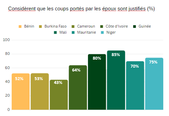 Graph in French showing % of girls in Sahel region who consider wife beating justified Ideas. Evidence. Impact.
