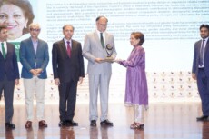 Zeba Sathar accepts the Development Leadership Award in Islamabad, Pakistan on August 8th 2023.