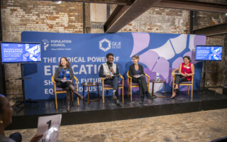 GEJE - Photo 1 - 12723-Population Council at Blue Gallery NYC-155 – Population Council Pictured from left to right: Maureen Greenwood-Basken, Andrew Brennen, Nicole Haberland, and Kavitha Cardoza