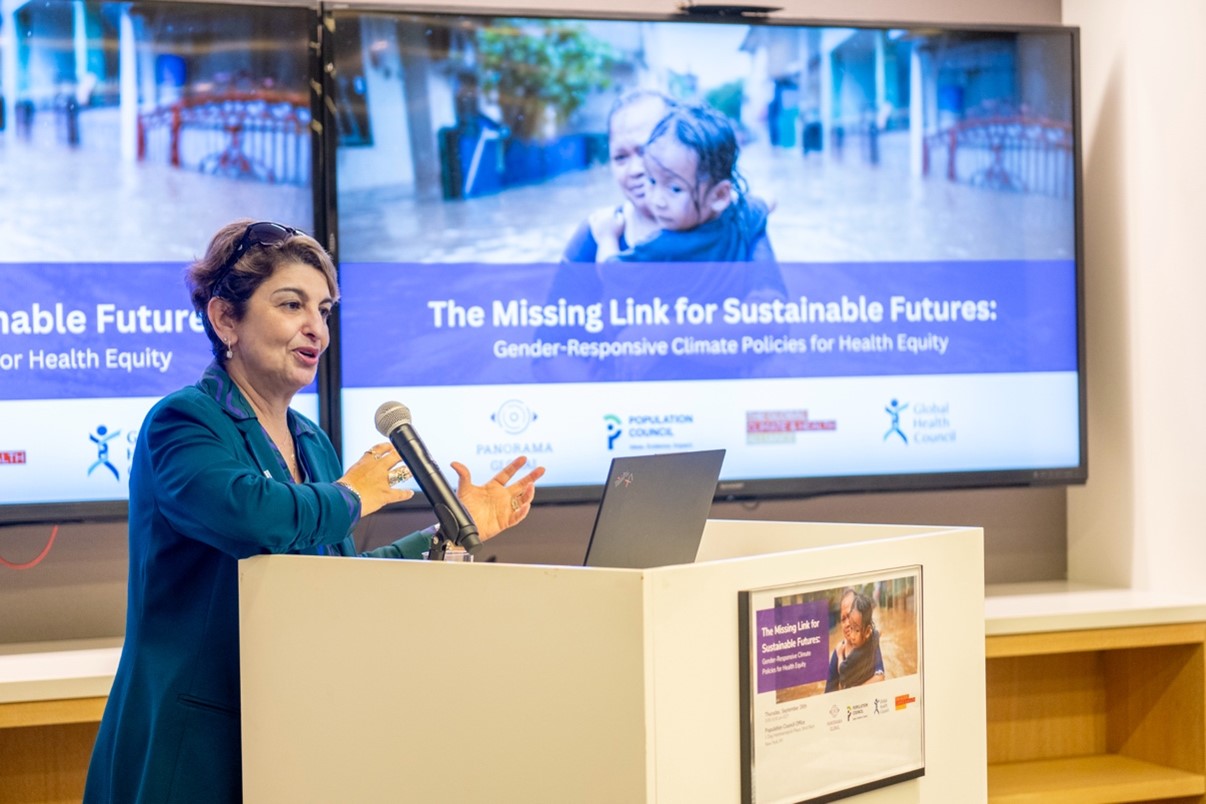 Dr. Rana Hajjeh, President of the Population Council, welcoming participants at a UNGA79 side event. 
