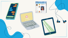 Four drawings of technology tools including a laptop computer, a mobile phone, a tablet, headphones and social media