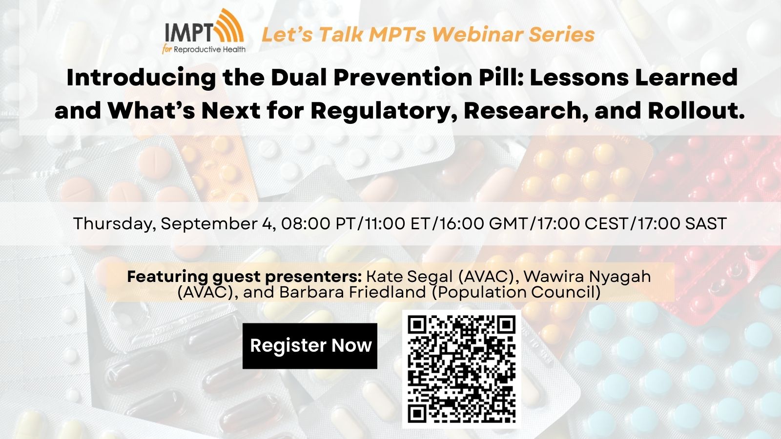 Lets Talk MPTs Webinar Series, 4 Sept 2025, featuring Kate Segal (AVAC), Barbara Friedland (Population Council), and Wawira Nyagah (AVAC)
