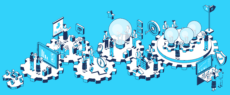 An illustration of innovation with gears, light bulbs, graphs, and people talking.