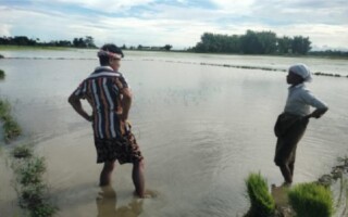 Dhemaji_case study - CliMJET – Population Council Two people standing in a flooded plain.