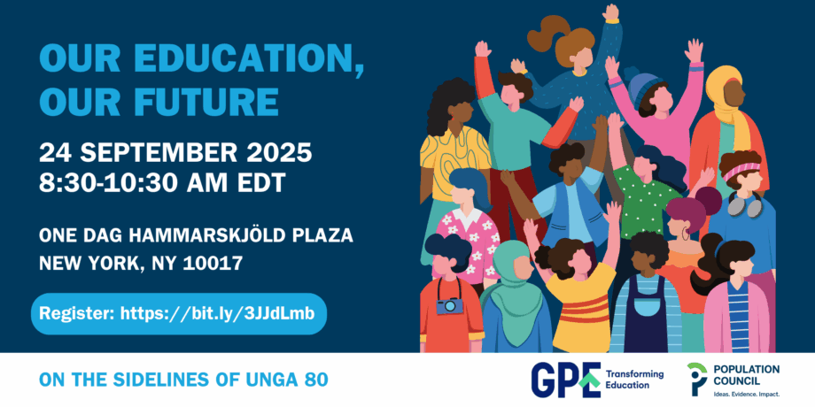UNGA80_GPE_Final_Banner Graphic for event with diverse group of school age kids
