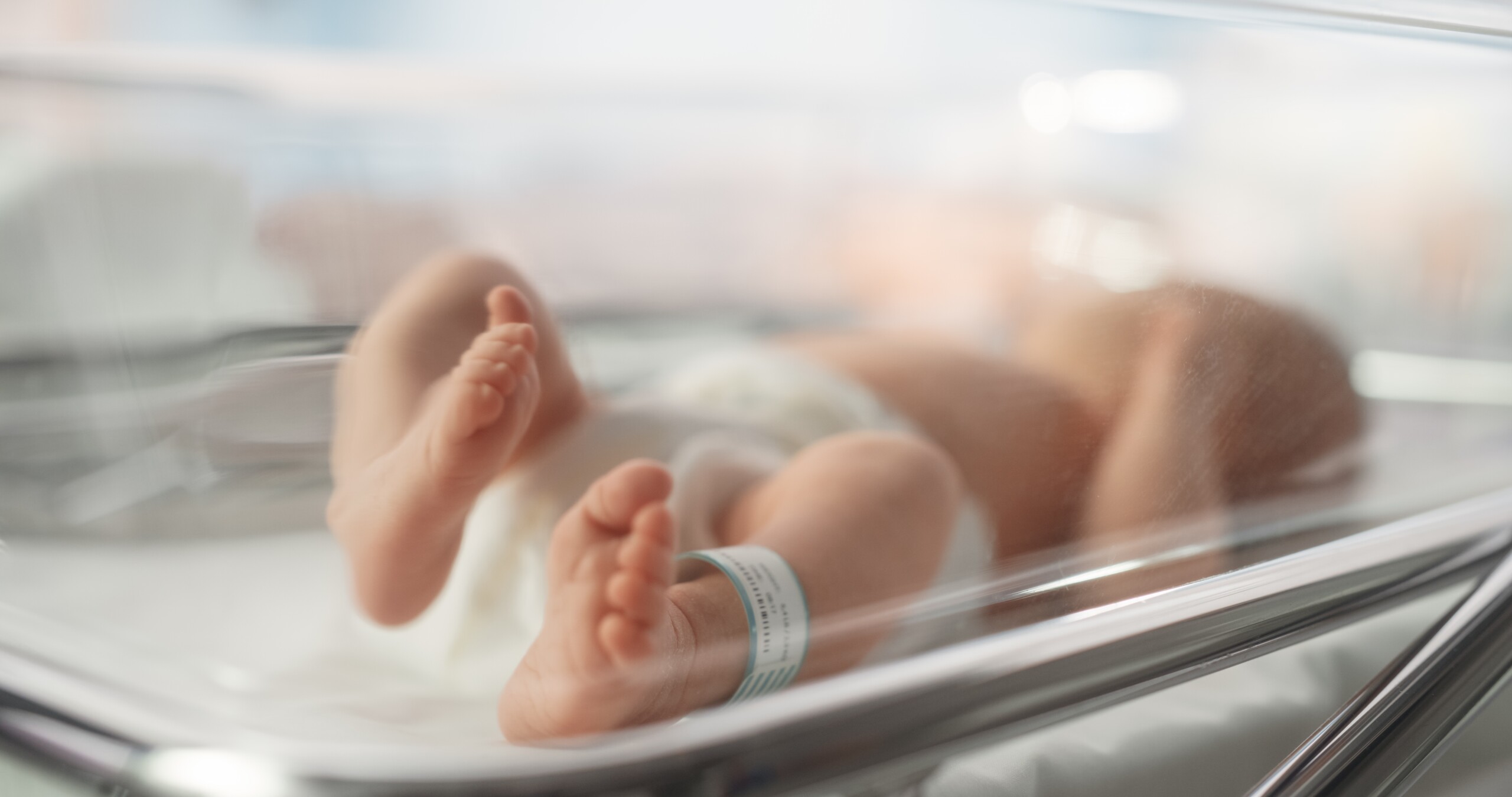 Newborn in bassinet in a maternity hospital