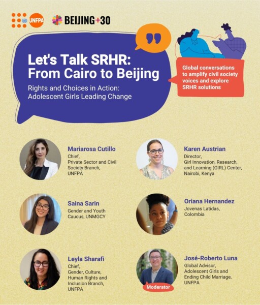 Speakers for the event. Mariarosa Cutillo, UNFPA; Karen Austrian, GIRL Center/Population Council, Saina Sarin, UNMGCY; Oriana Hernandez, Jovenas Latidas; Leyla Sharafi, UNFPA; Jose-Roberto Luna, UNFPA