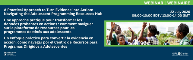 APRH_Webinar – Population Council Banner for a webinar on turning evidence into action; bilingual English/French text, dates, and times; photo of smiling children raising hands; logos on left and right.