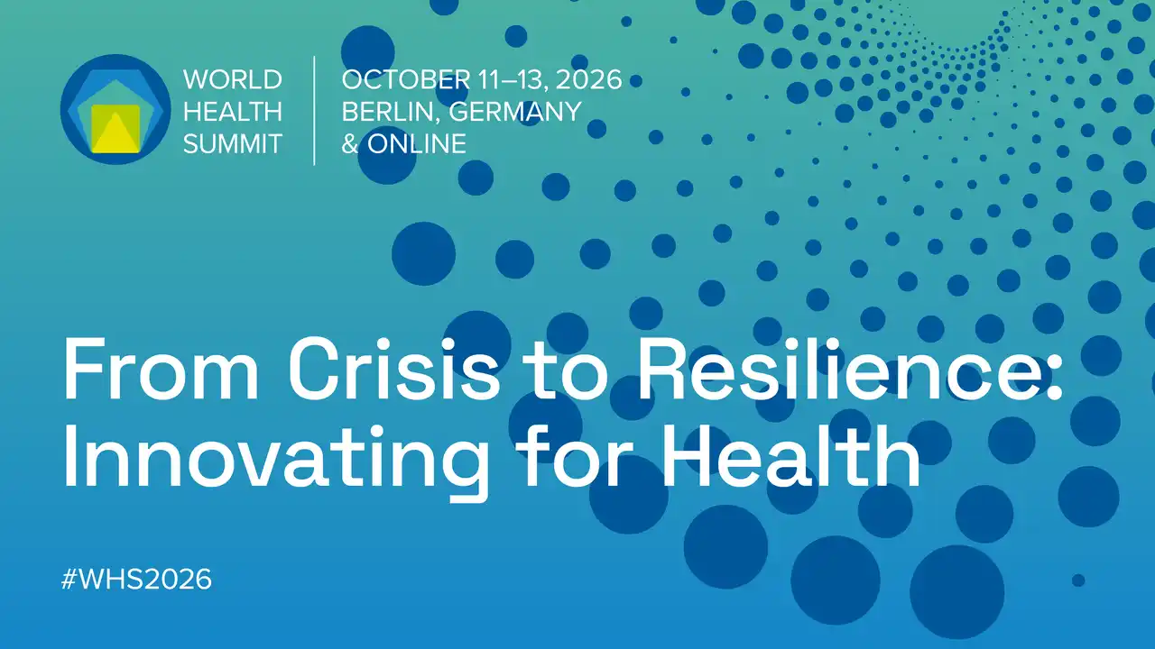 World Health Summit 2026 promotional banner: 'From Crisis to Resilience: Innovating for Health' on a blue dotted background with #WHS2026.